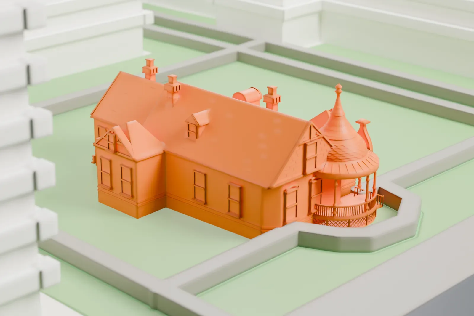 A white 3D print of the Evans House, a small house with a domed corner porch, beside taller buildings and across a street from a park with a round building.