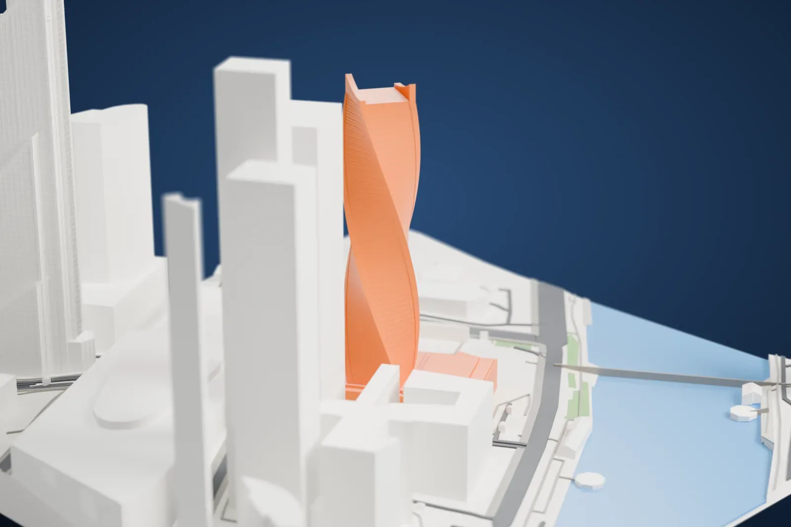 A white 3D print of the Evolution Tower rising above the surrounding buildings of Moscow's MIBC.