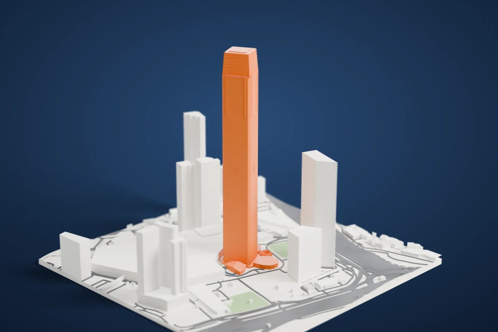 A white 3D print of The Exchange 106, a very tall slender square tower with a layered crown, rising among other tall towers, wide low roofs and green patches of ground.