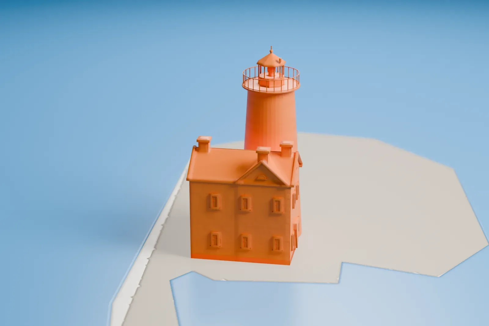 A white 3D print of Execution Rocks Light, a tapered tower with a railed lantern room beside a stone house with chimneys, on a small island surrounded by water.