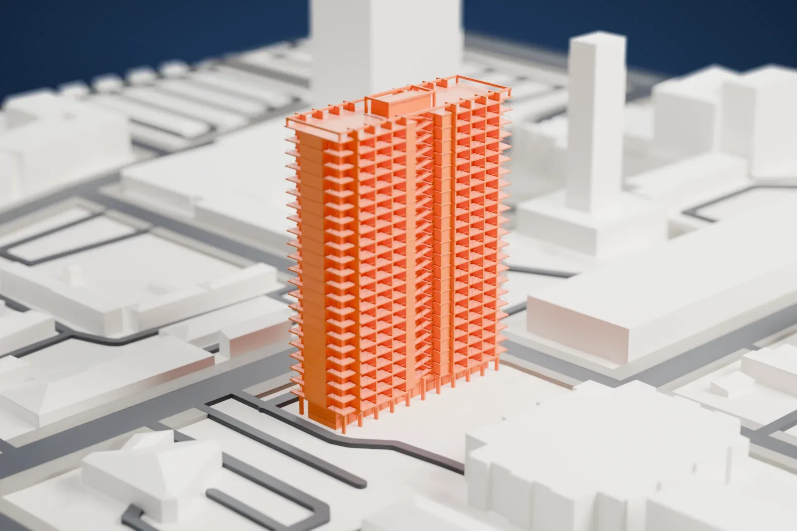 A white 3D print of Executive Towers, a tall apartment building among surrounding streets and buildings.