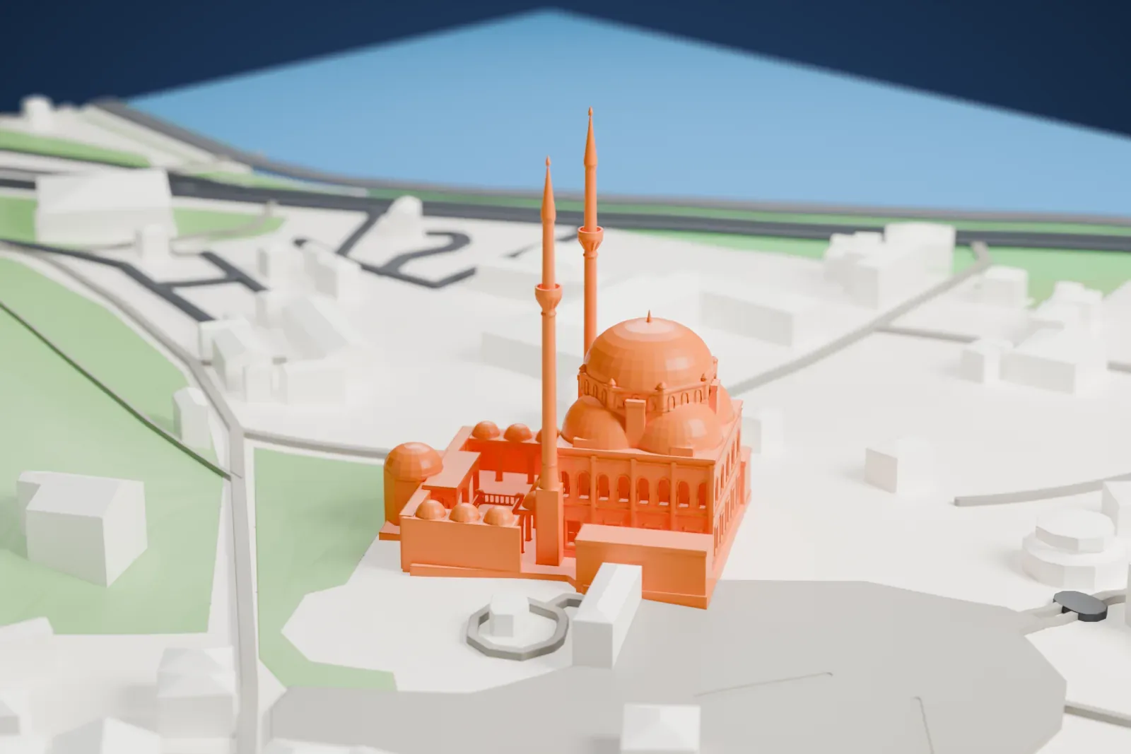 A white 3D print of the Eyüp Sultan Mosque, its dome and minarets rising above the surrounding city.