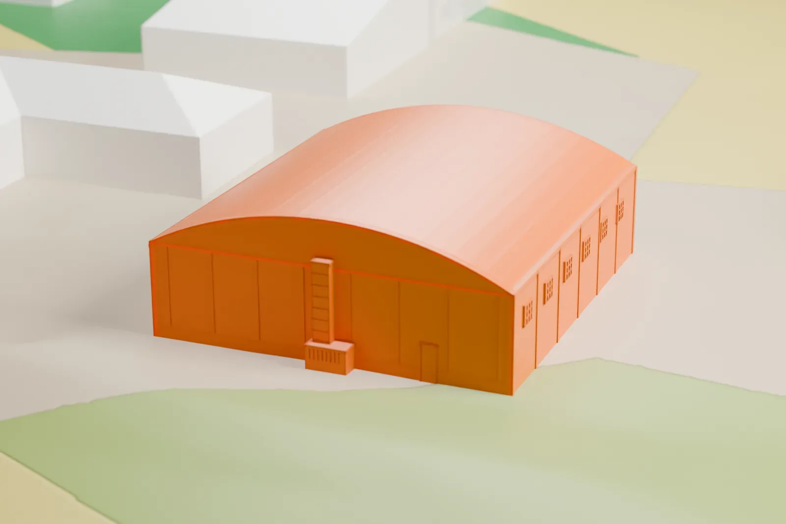 A white 3D print of the Fagen Fighters WWII Museum hangars, a cluster of arched-roof and long low hangars on open grassy ground with a couple of roads.