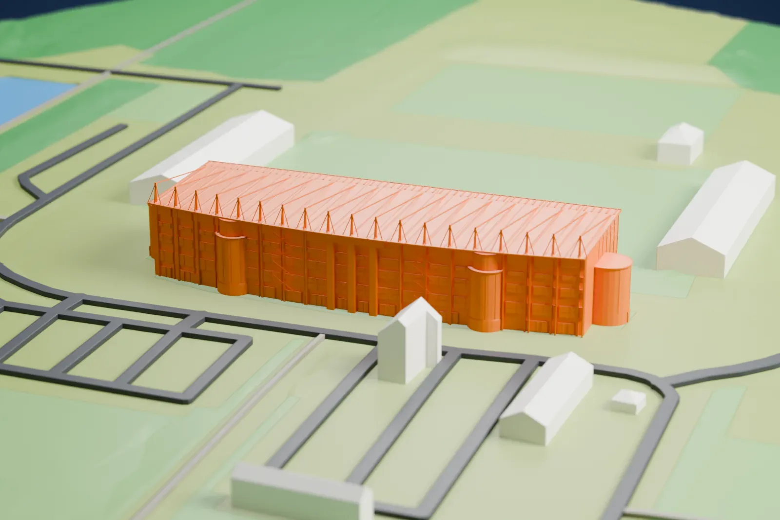 A white 3D print of the Falkirk Stadium, with its main stand, roof masts and terraces standing in the surrounding city.