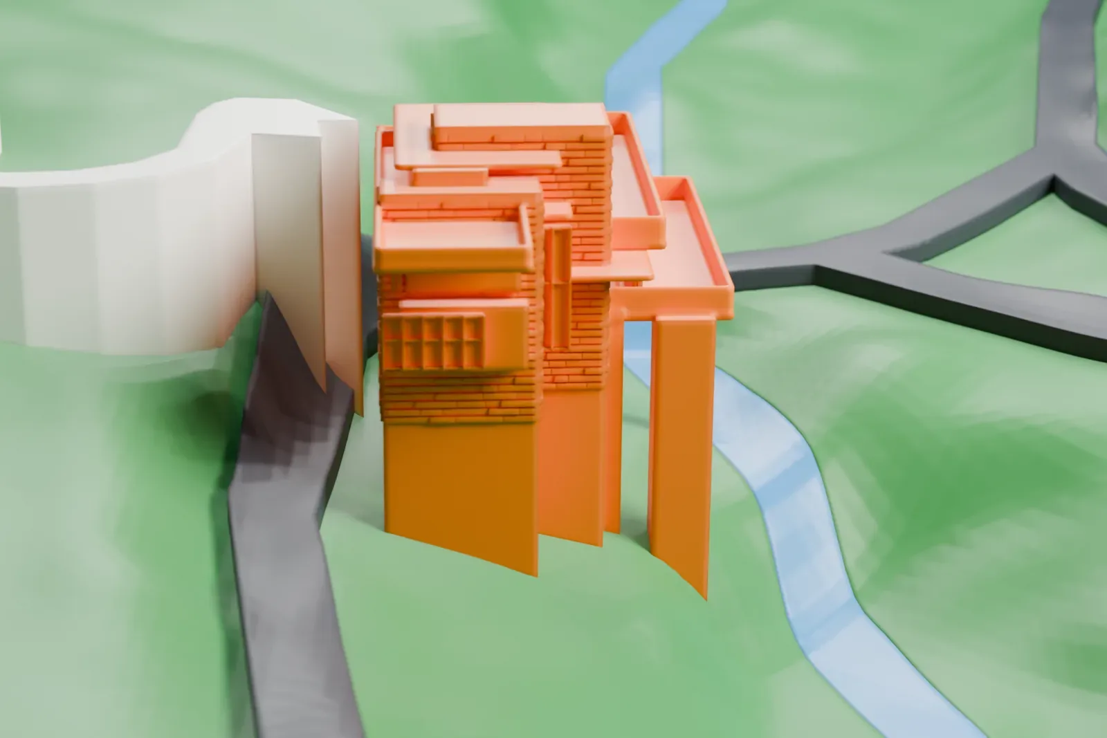 A white 3D print of Fallingwater, a stack of overlapping flat terraces on piers, set on open grounds beside the Bear Run stream and a winding road.