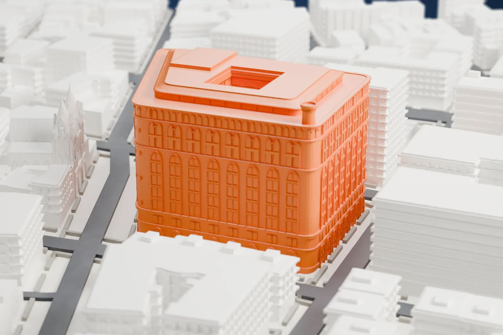 A white 3D print of the Federal Office Building, a large ten-story block with rows of arched windows and a stepped roof around an open court, among city streets and buildings.