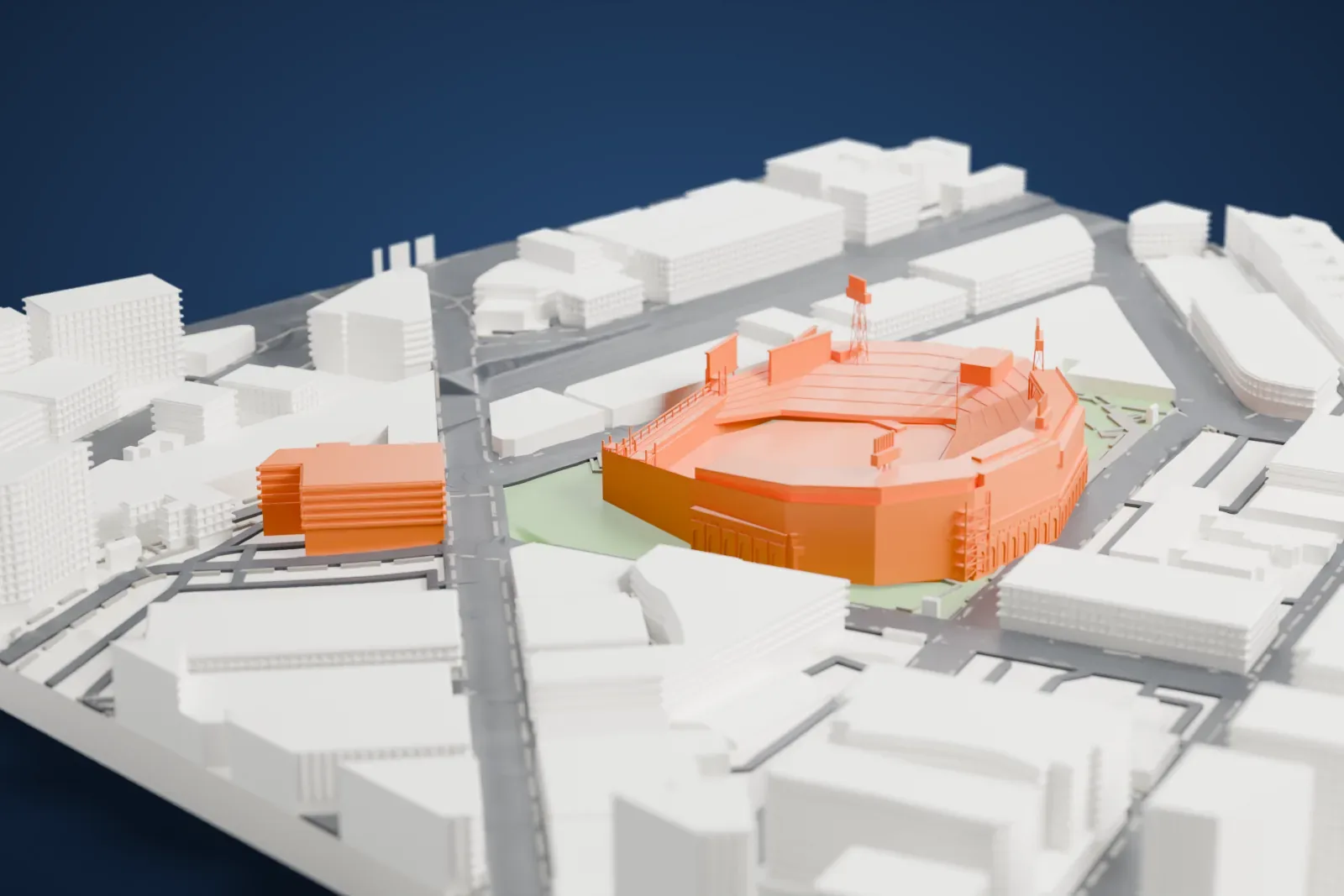 A white 3D print of Fenway Park, its tiered seating bowl open around the field, with city streets, buildings and patches of grass around the stadium.