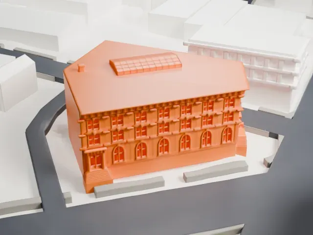 Ficken's Warehouse model, South view