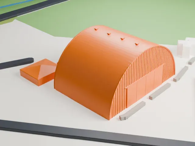 Fighter World Hangars model, East view