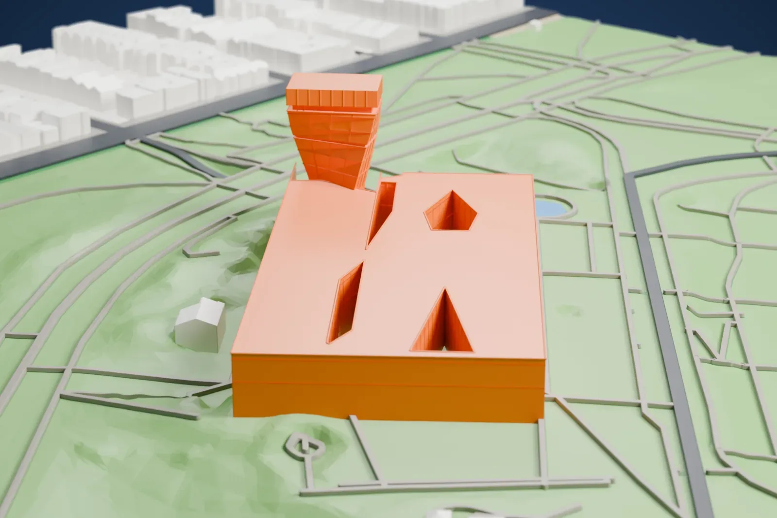 A white 3D print of the de Young Museum in Golden Gate Park, San Francisco.