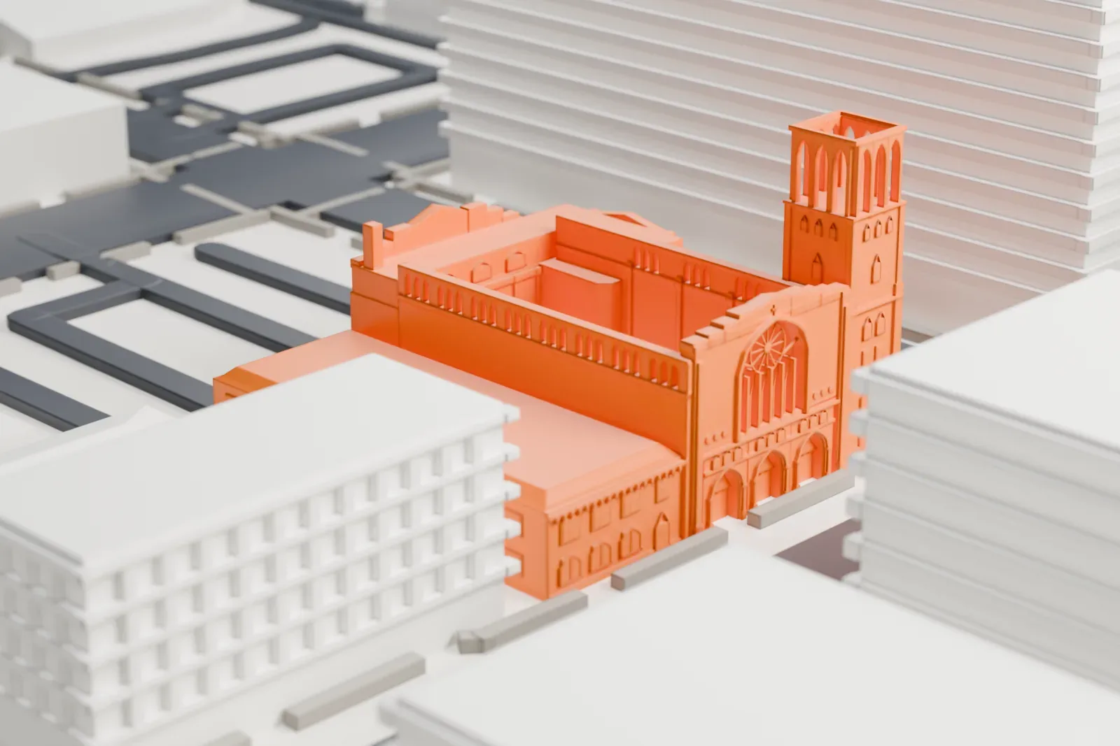 A white 3D print of First Baptist Church, a church with a tall tower with arched openings beside a larger building, among streets and city blocks.