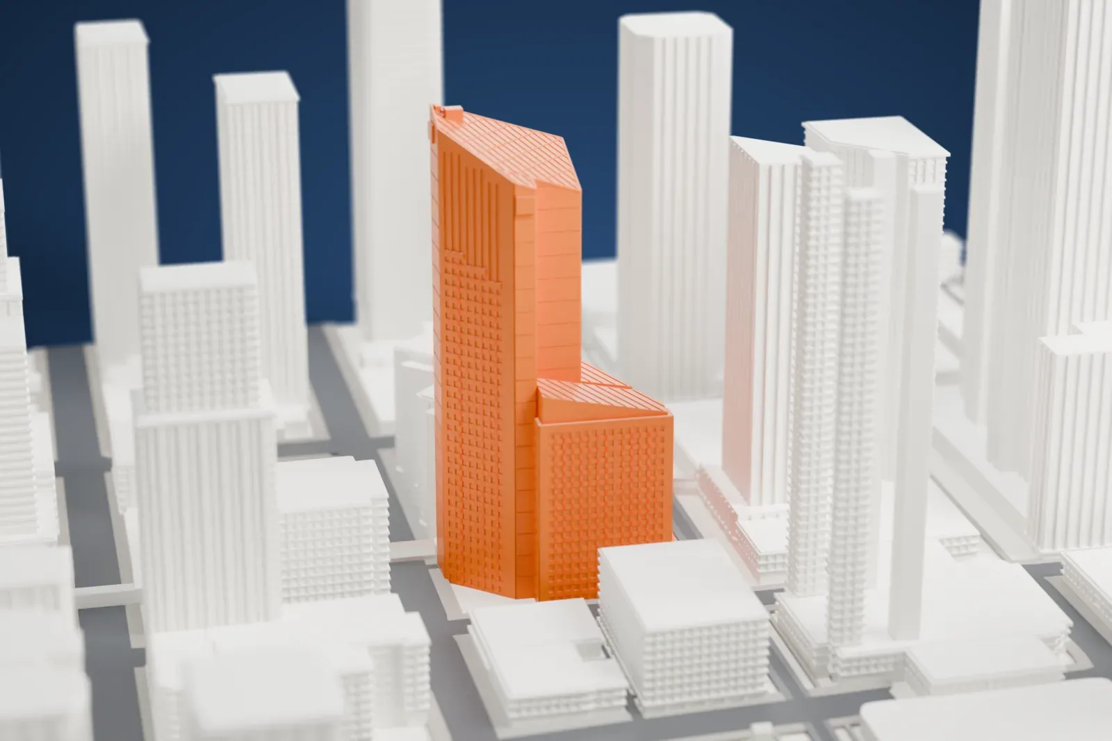 A white 3D print of First Canadian Centre, a tall office tower among surrounding streets and buildings.