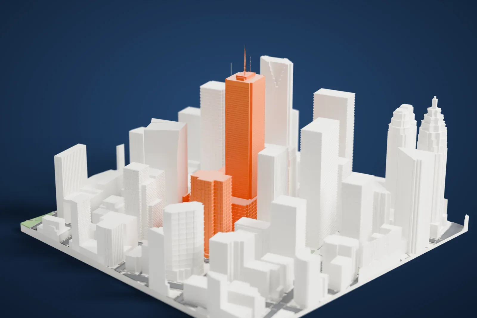 A white 3D print of First Canadian Place, a tall rectangular tower with horizontal window bands and a thin antenna mast, surrounded by many other tall buildings.