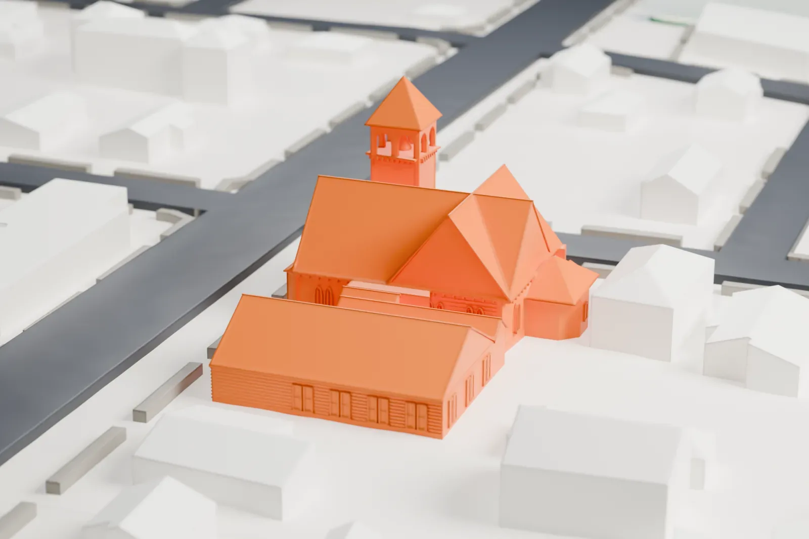 A white 3D print of the First Congregational Church of Bay Shore, a cruciform church with a square bell tower and a long attached wing, on a corner lot among houses.