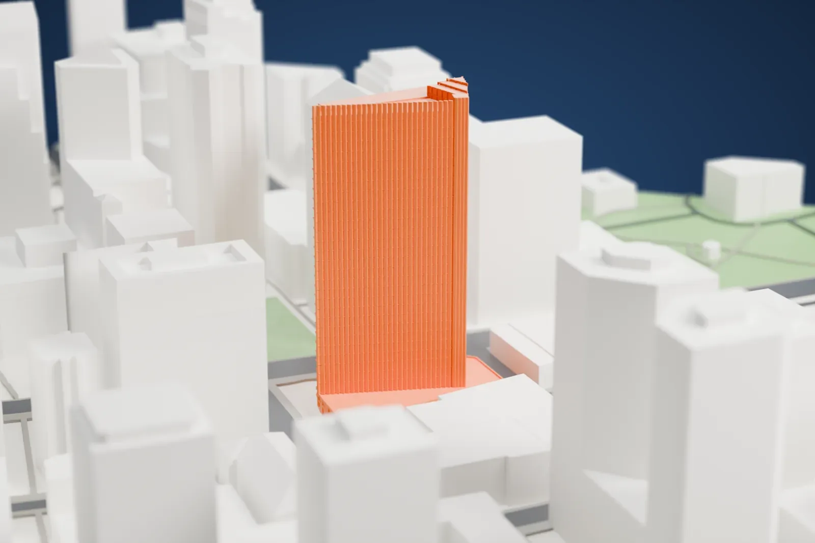 A white 3D print of the First Hawaiian Center in downtown Honolulu, with surrounding streets and buildings.