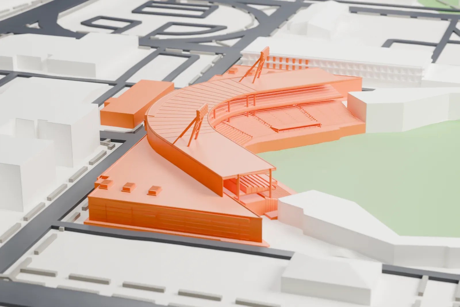 A white 3D print of First Horizon Park, a curved ballpark grandstand with two slim light towers wrapping a green field, among downtown blocks and streets.