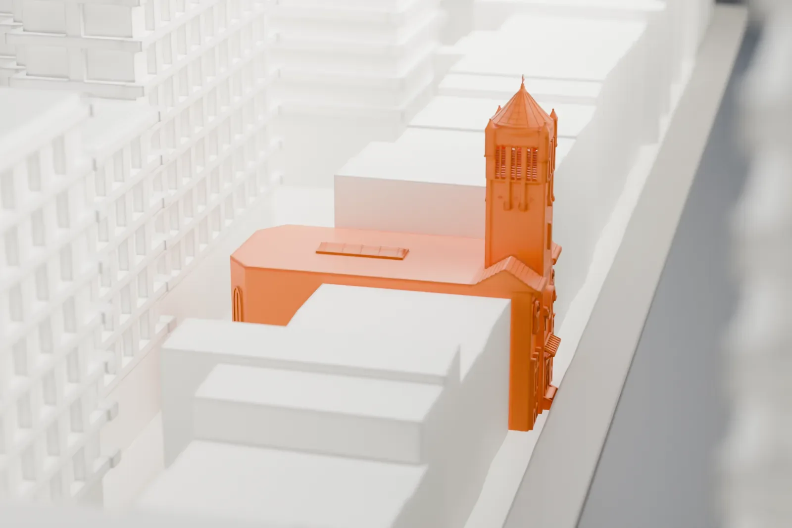 A white 3D print of the First Hungarian Reformed Church, whose square bell tower with a conical roof rises from a narrow gap between much taller buildings.