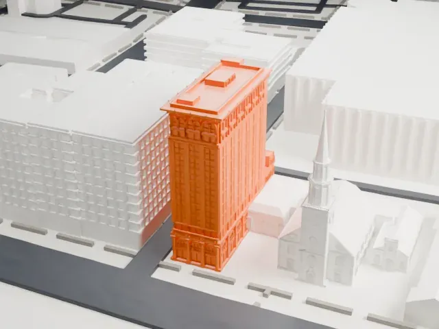 First National State Bank Building model, West view