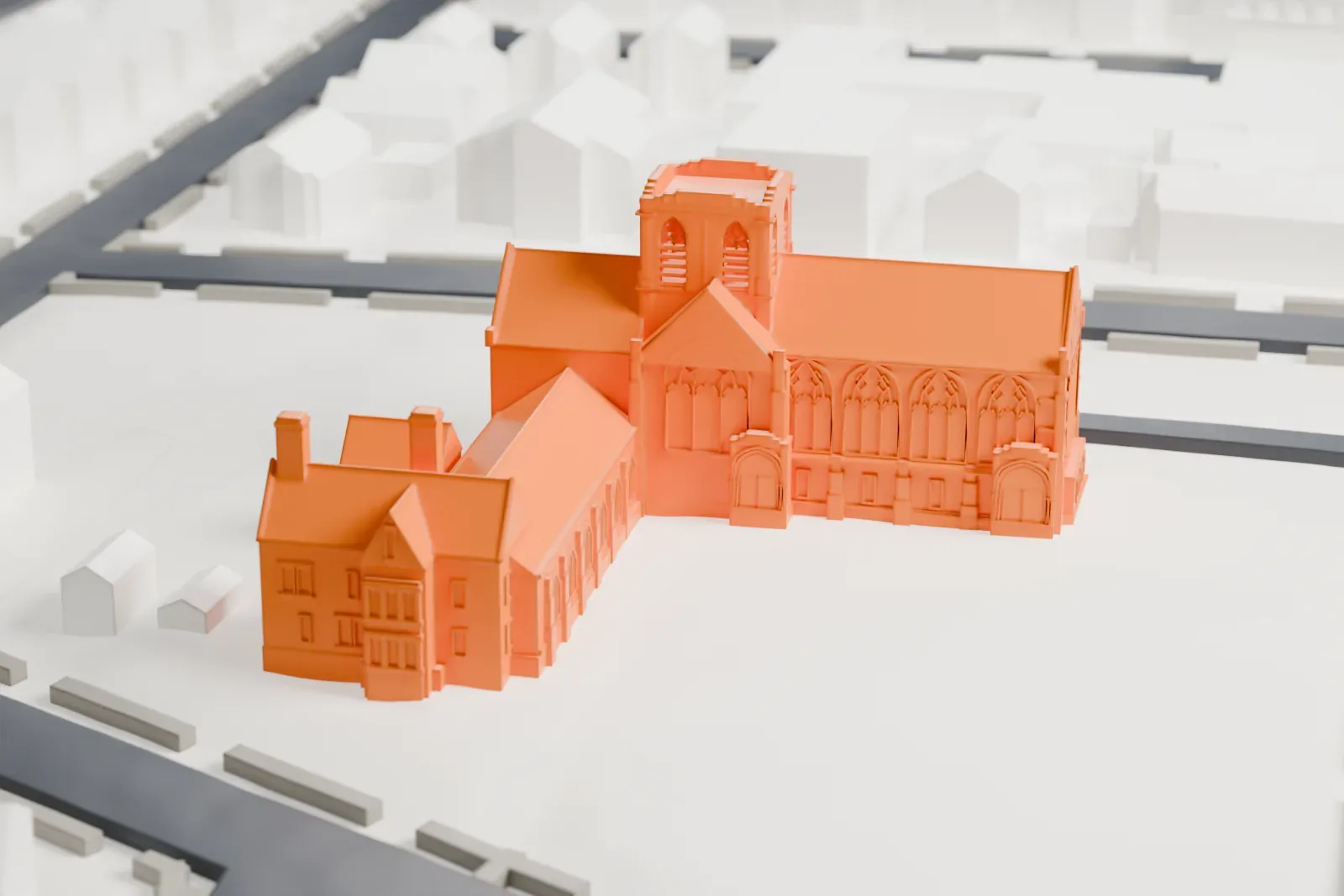 A white 3D print of the First Presbyterian Church of Far Rockaway, a cross-shaped church with a central tower, steep roofs and a connected wing, on an open city block.