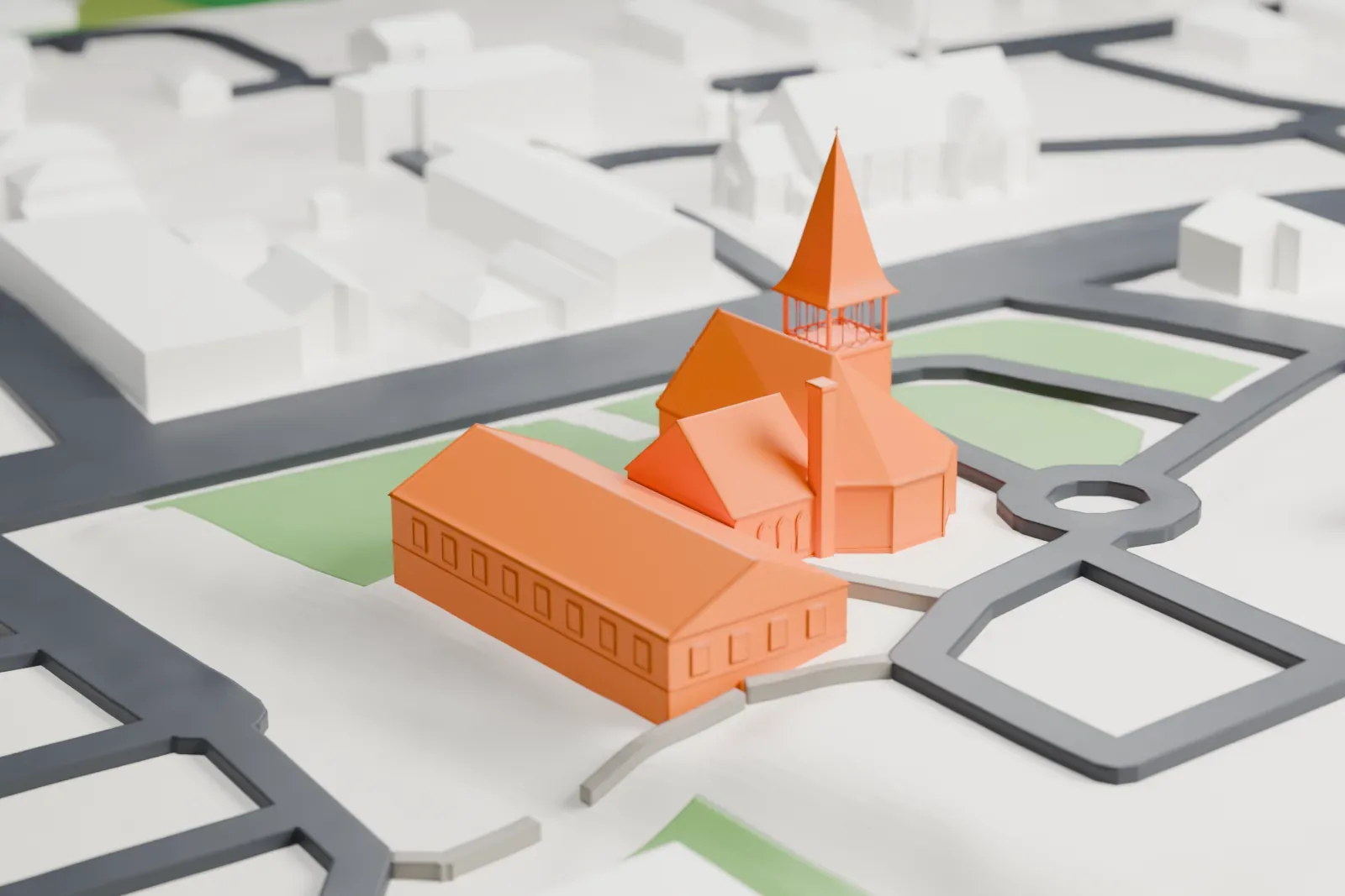 A white 3D print of First Presbyterian Church of Oyster Bay, a gabled church with a tall spire on an open belfry, beside a long hall and small lawns bordered by curving roads.