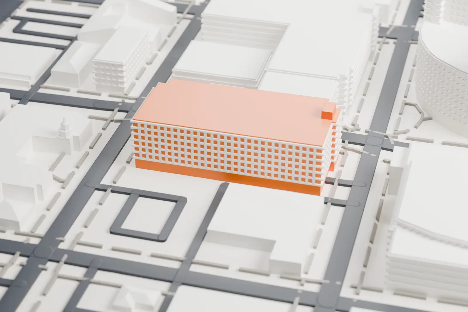 A white 3D print of First Presbyterian Church Phoenix, a U-shaped church with a slim bell tower and a long arcade, surrounded by streets and low neighboring buildings.