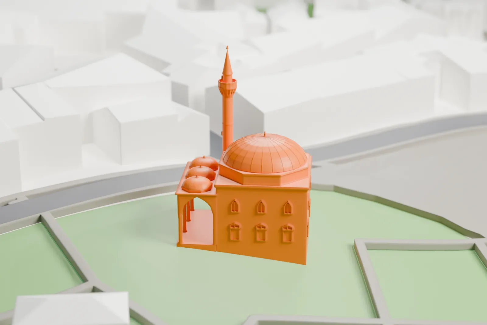 A white 3D print of the Firuz Agha Mosque among surrounding streets and buildings.