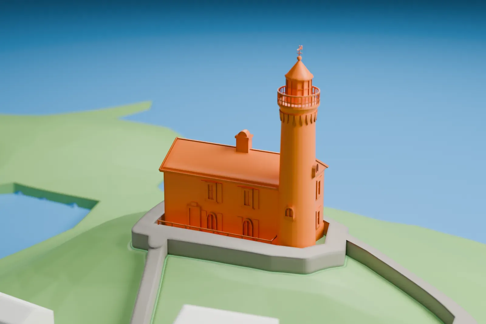 A white 3D print of Fisgard Lighthouse National Historic Site among its surroundings.
