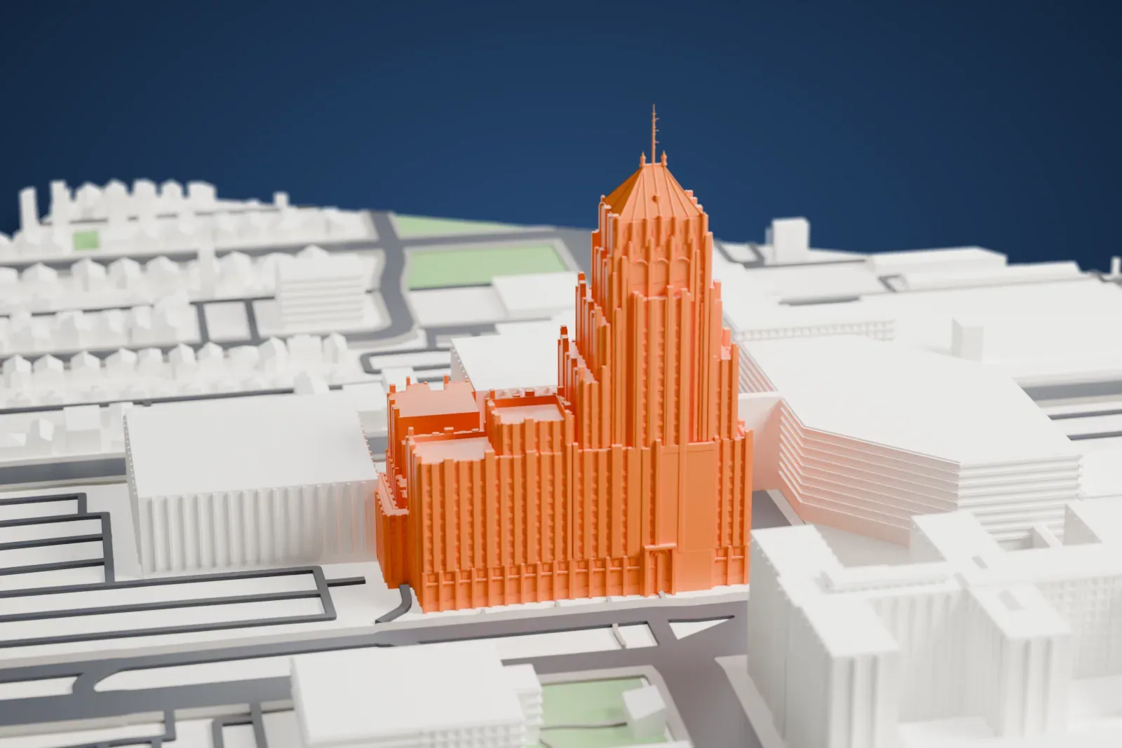 A white 3D print of the Fisher Building, a tall office tower with a steep hipped crown and stone piers, among surrounding streets and buildings.