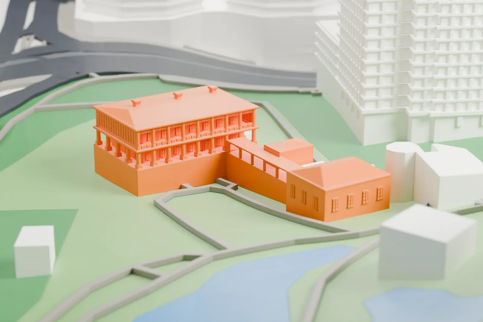 A white 3D print of Flagstaff House among the surrounding streets and buildings of Central, Hong Kong.