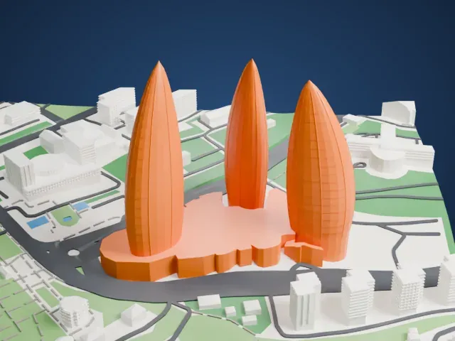 Flame Towers model, East view