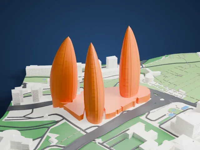 Flame Towers model, West view
