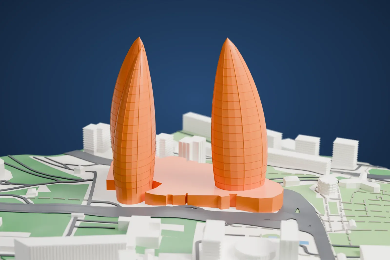 A white 3D print of the three tapering Flame Towers on a shared base, with buildings, roads and green hillside around them.