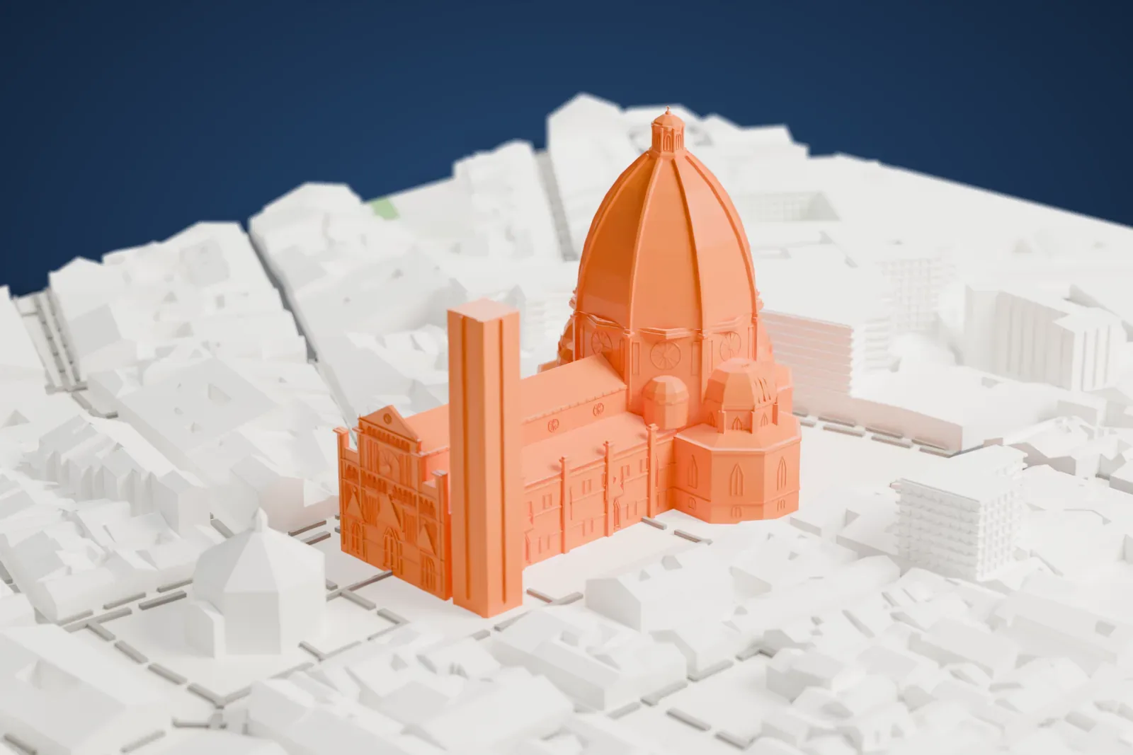 A white 3D print of Florence Cathedral, a ribbed dome with a small lantern above a long nave and domed apse chapels, surrounded by the dense rooftops of central Florence.