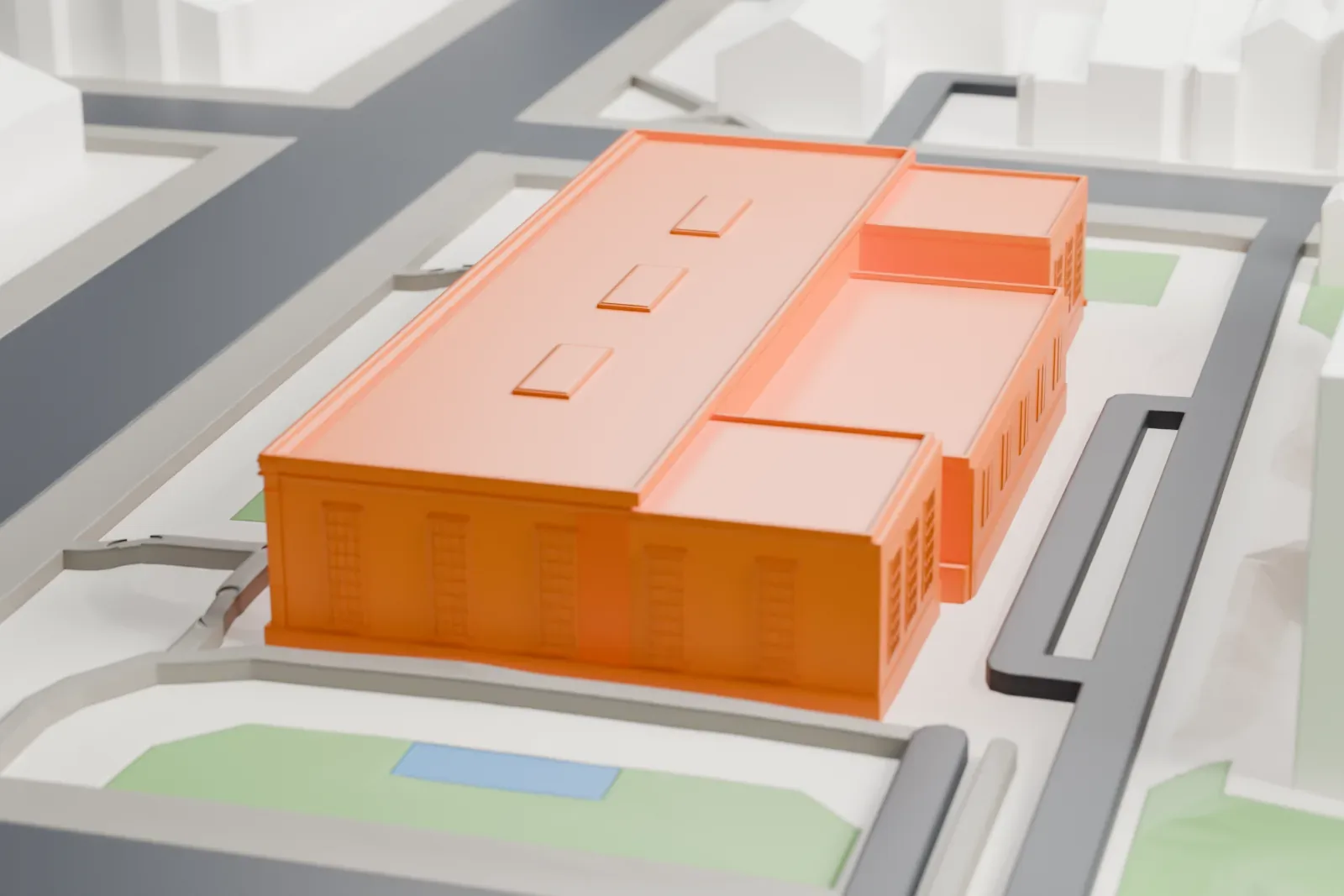 A white 3D print of the Folger Shakespeare Library among the surrounding streets and buildings of Washington, D.C.