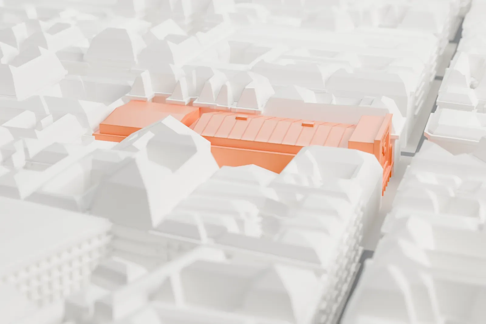 A white 3D print of the Folies Bergère in Paris, shown among the surrounding streets and buildings.