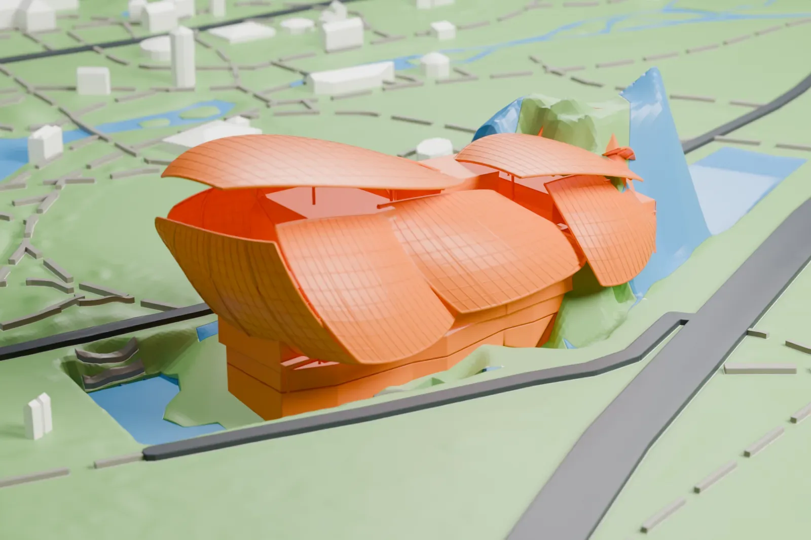 A white 3D print of the Fondation Louis Vuitton, a cluster of overlapping curved sail-like shells on a low base, set in a green park with paths, a small lake and roads.