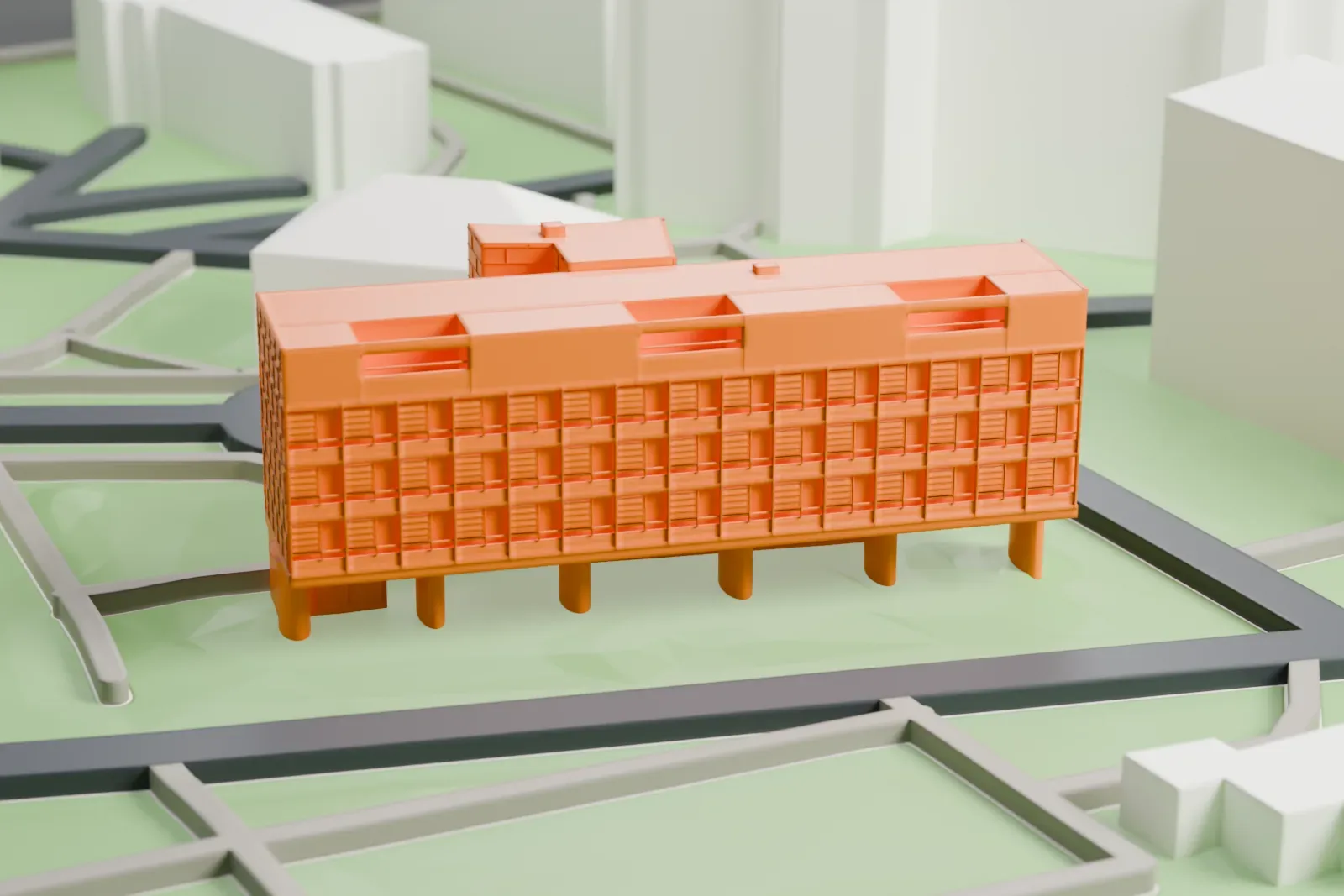 A white 3D print of the Fondation Suisse, a four-story slab beside a low single-story wing, among the buildings of the Cité Internationale Universitaire.