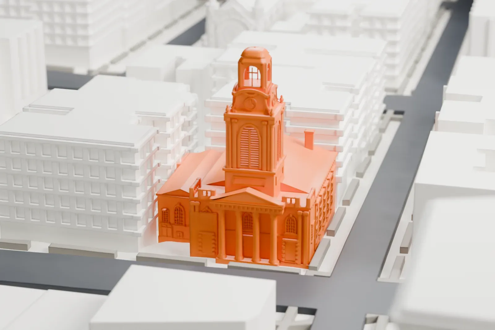 A white 3D print of Fort Washington Presbyterian Church, a church with a tall bell tower, surrounded by dense blocks of taller buildings.