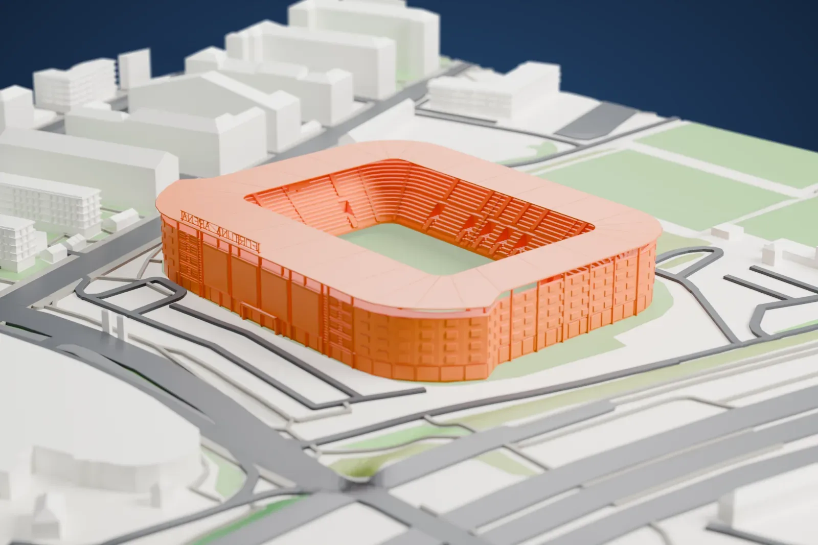 A white 3D print of Fortuna Arena, a football stadium, among the surrounding streets and buildings.