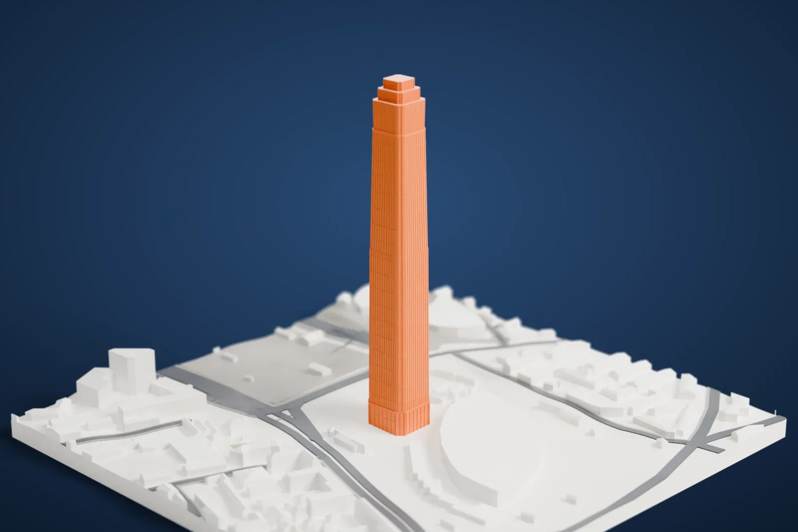 A white 3D print of Forum 66 Tower 1, a tall skyscraper, standing among the surrounding city blocks.