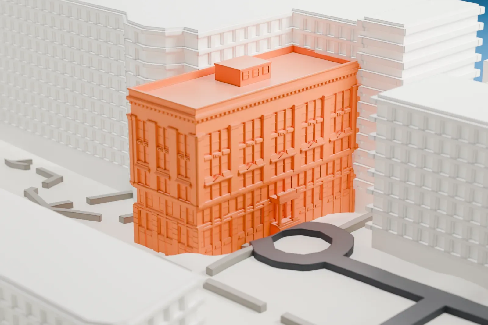 A white 3D print of Founder's Hall, a brick building with a projecting cornice and a small box on its flat roof, near a curving road and taller buildings.