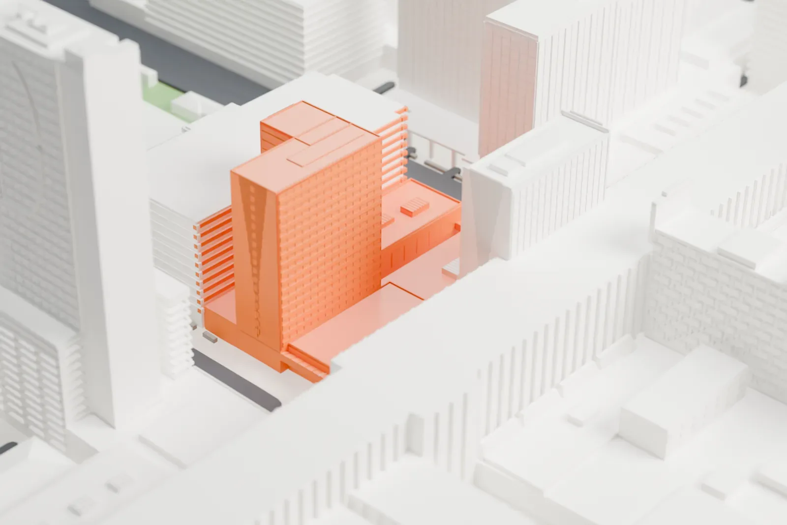 A white 3D print of the Four Queens, two boxy hotel towers joined by a low base, standing among taller and lower buildings of downtown Las Vegas.