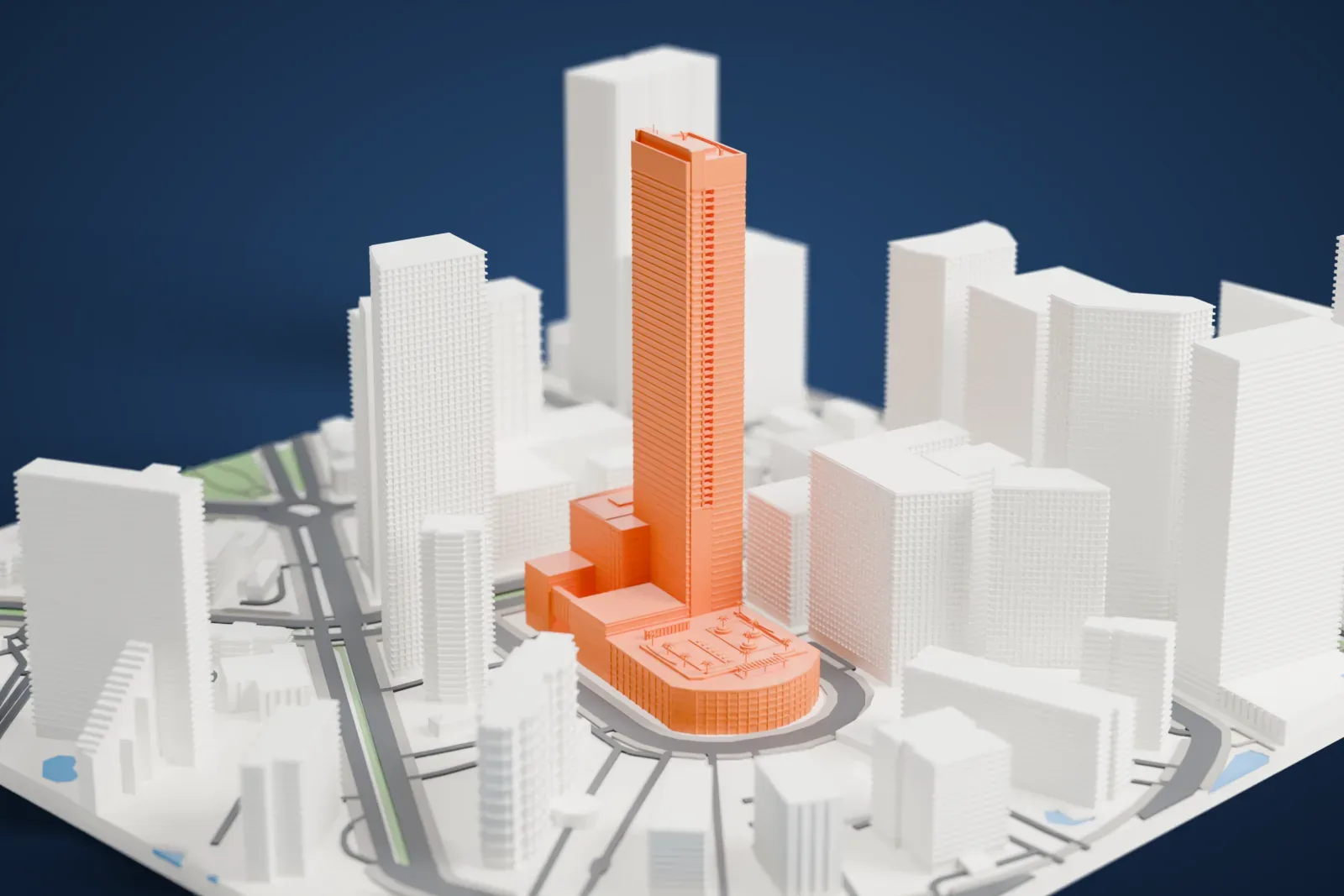 A white 3D print of the Four Seasons Hotel Miami, a tall banded tower rising beside a low rounded garage with a pool terrace, among surrounding buildings.