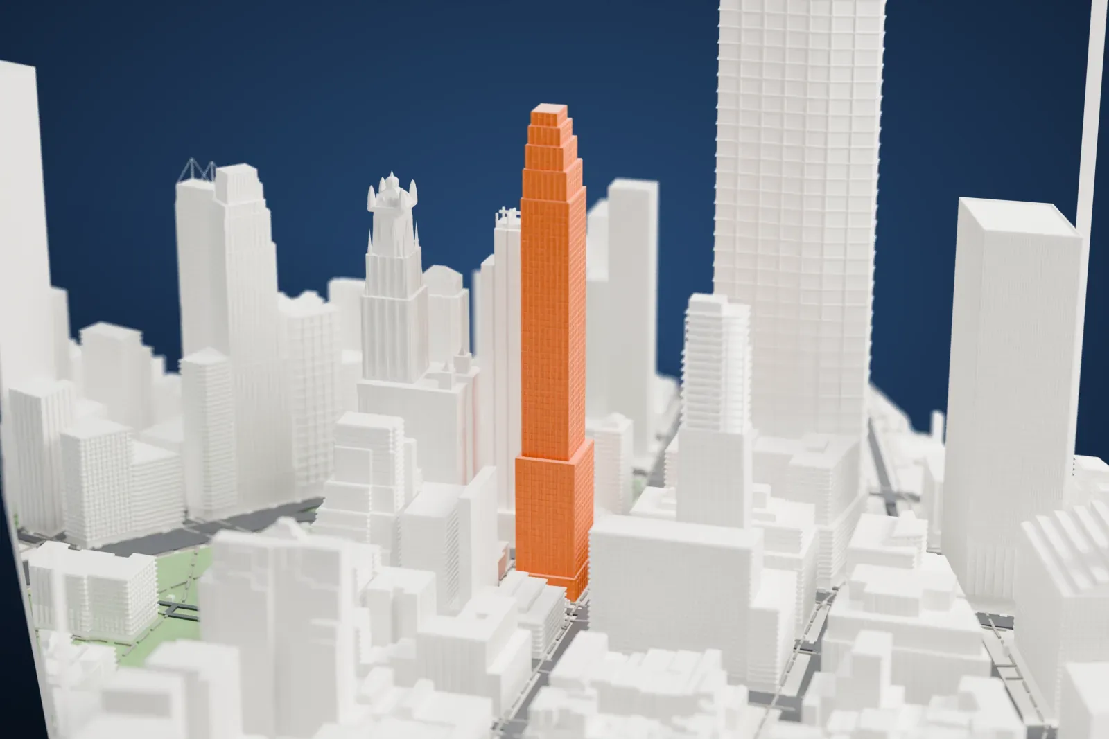 A white 3D print of the Four Seasons Hotel New York Downtown, a tall slim tower with a stepped crown, standing among taller and shorter buildings in dense city blocks.