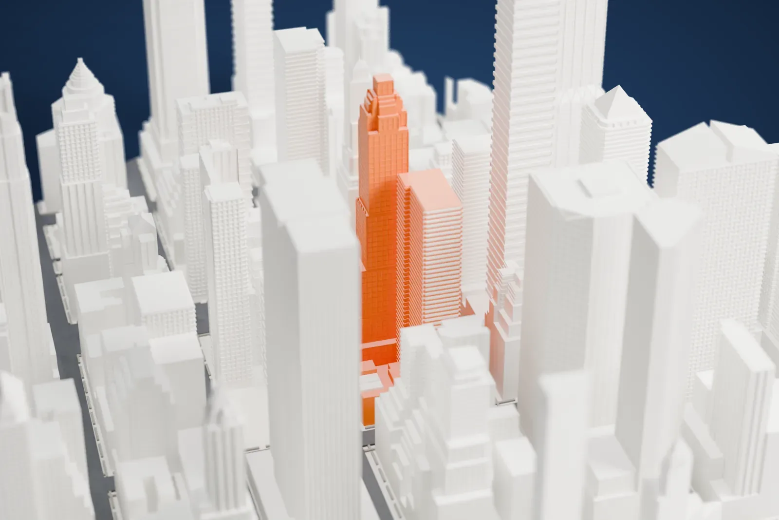A white 3D print of the Four Seasons Hotel New York, a slim tower with a stepped crown, rising among a dense cluster of high-rises of many heights.