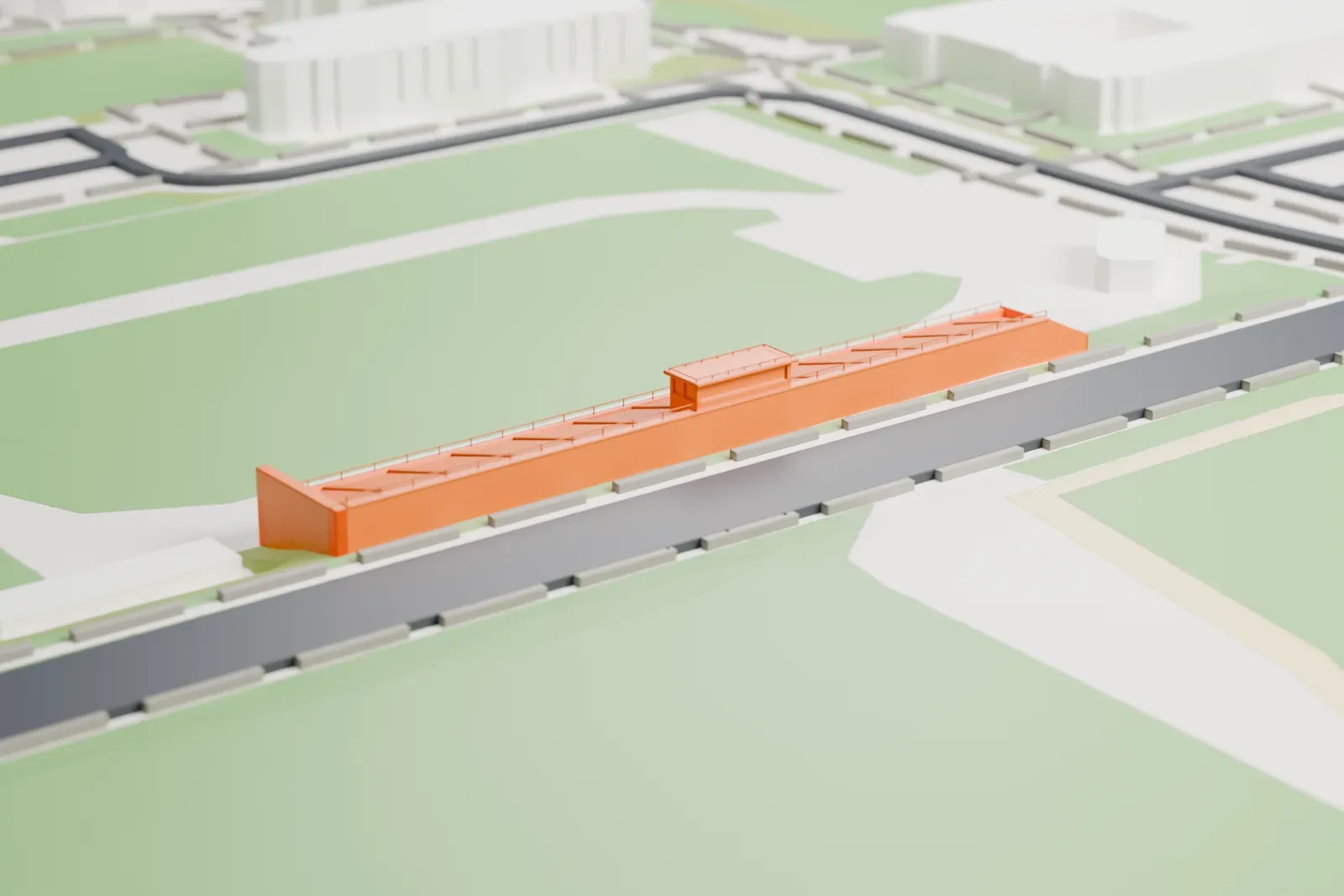 A white 3D print of Francis Olympic Field, one long low concrete stand with a small press box at its center, among surrounding streets and buildings.