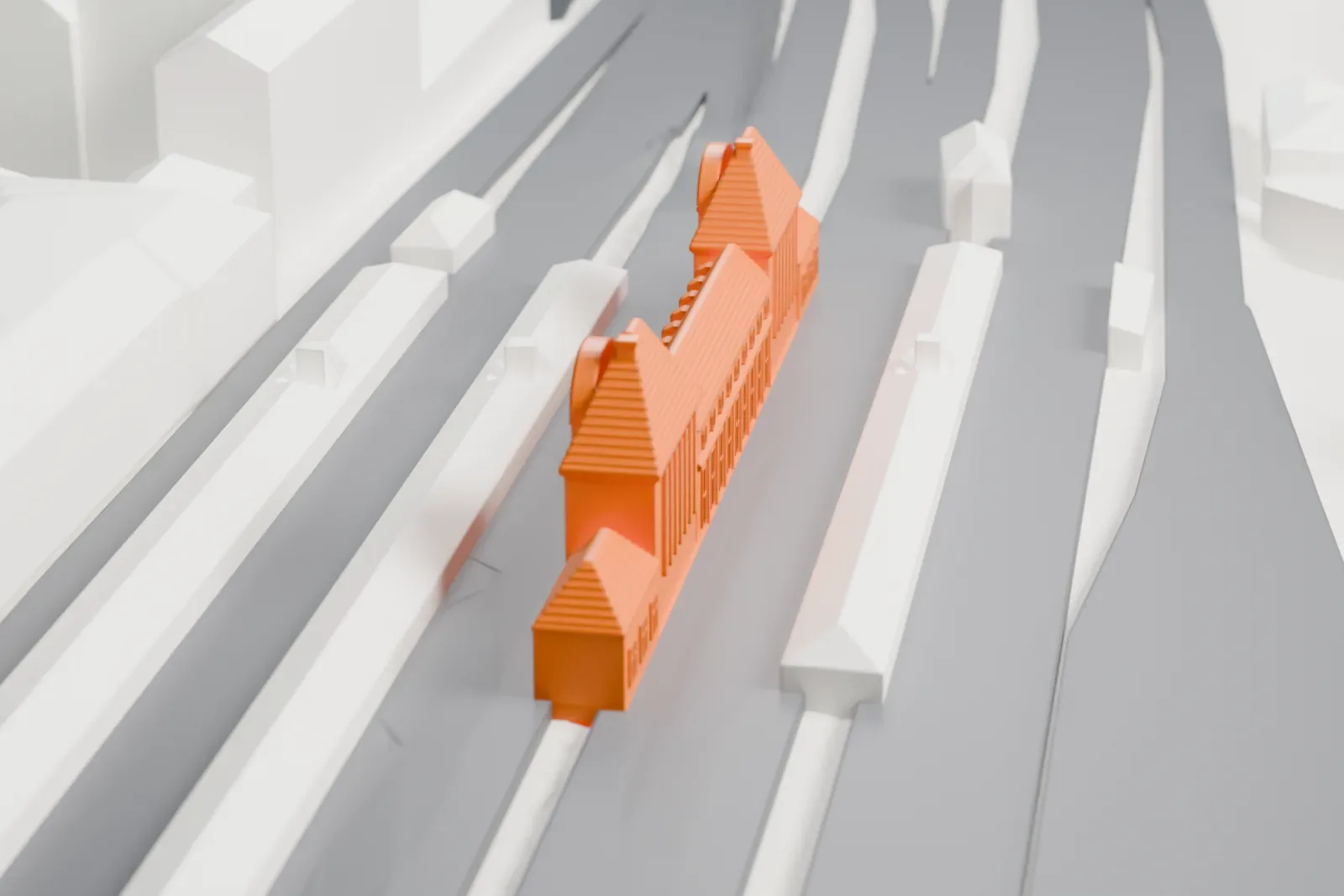 A white 3D print of Frankfurt (Main) Süd station in Sachsenhausen, with the surrounding streets and buildings.