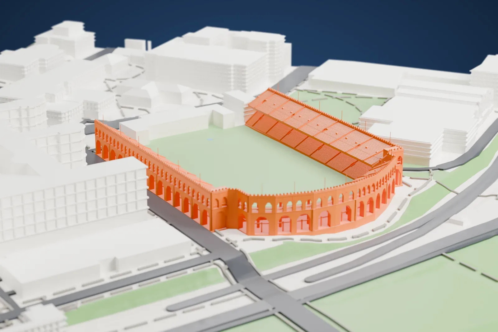 A white 3D print of Franklin Field, a U-shaped stadium with an arched outer wall and open stands around a flat field, surrounded by buildings, lawns and roads.