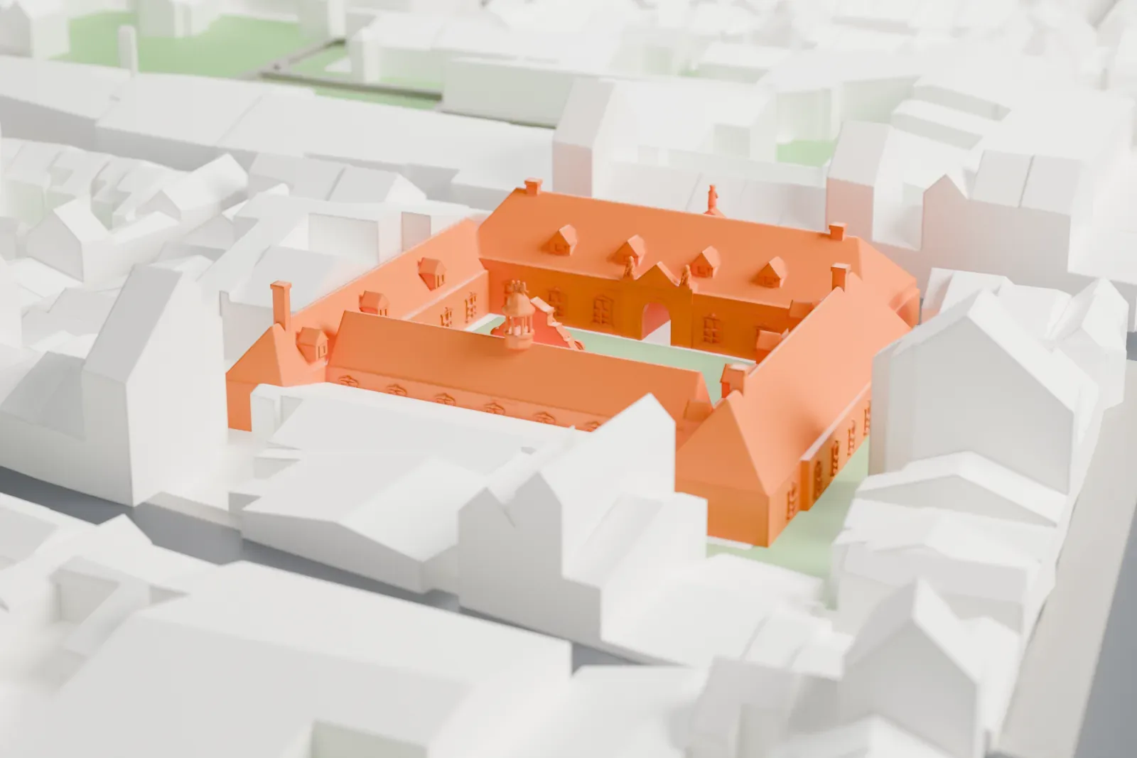 A white 3D print of the Frans Hals Museum in Haarlem, with the surrounding streets and buildings around it.