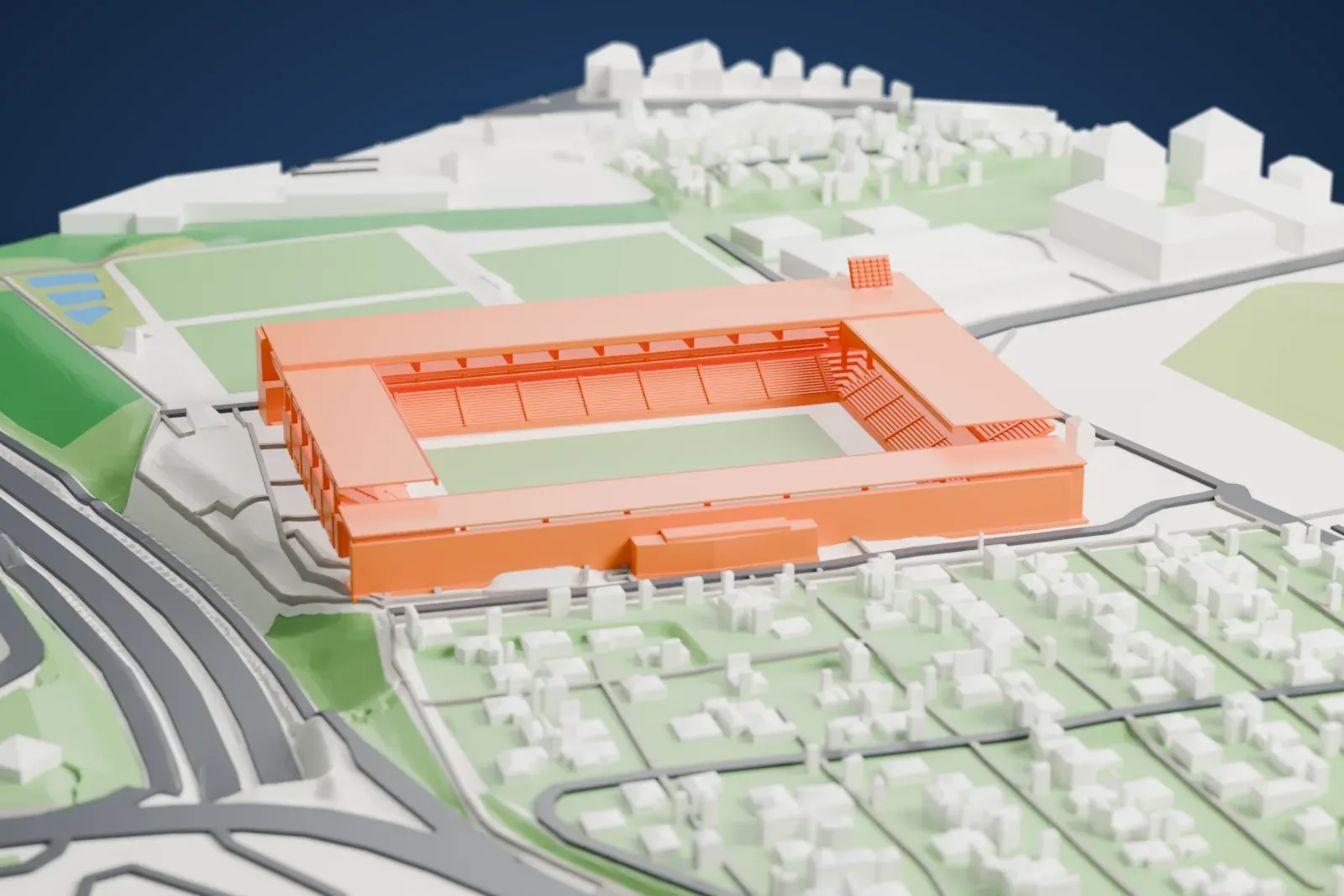 A white 3D print of Franz Horr Stadium, a football stadium among the surrounding streets and buildings of Vienna.